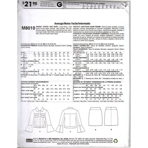 McCalls M8010 Misses 6 to 14 Nicole Miller Jacket and Skirt Uncut Sewing Pattern - Picture 2 of 2